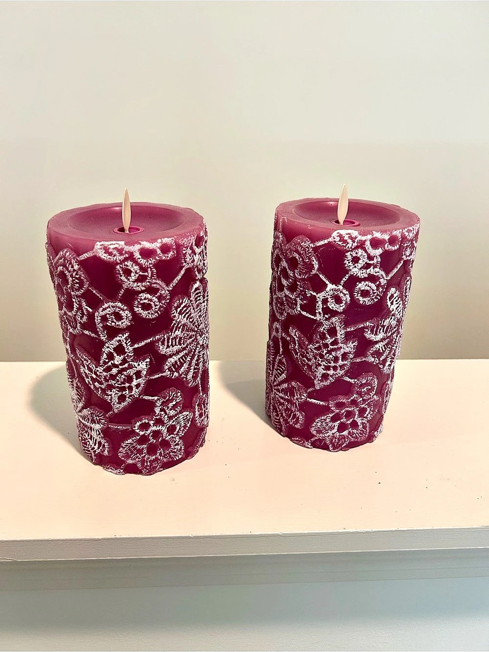 Luminara Flameless LED Pillar Candle with Lace Overlay Candles lavender 2 candle